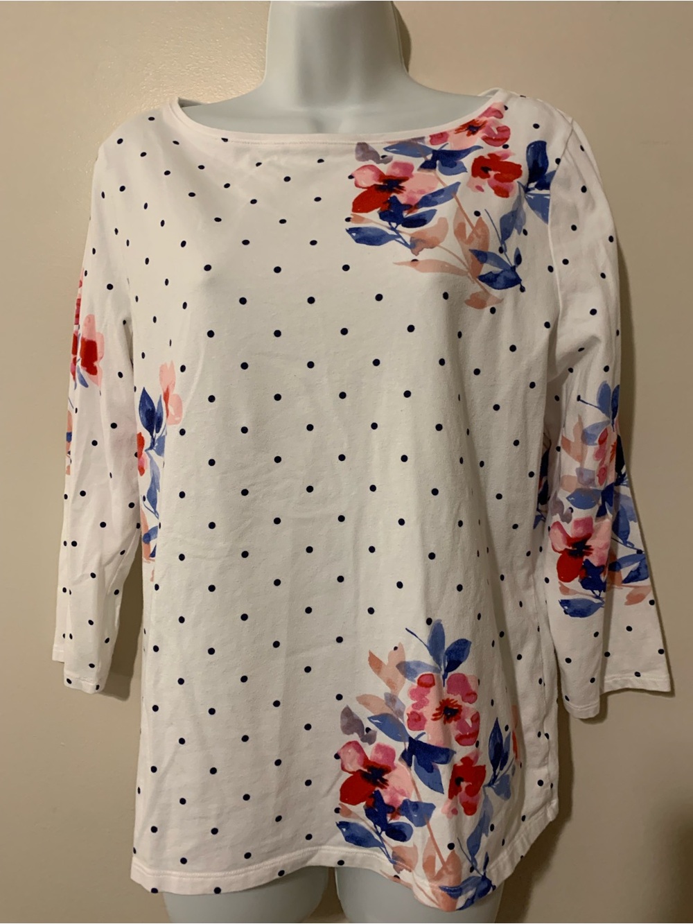 Talbots White Polka Dot Floral Scoop Neck Top with Navy and Pink
